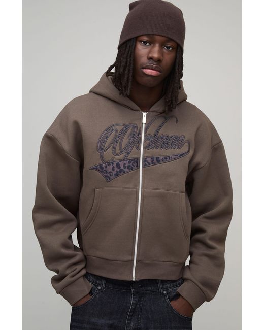 BoohooMAN Brown Boxy Leopard Print Applique Hoodie for men