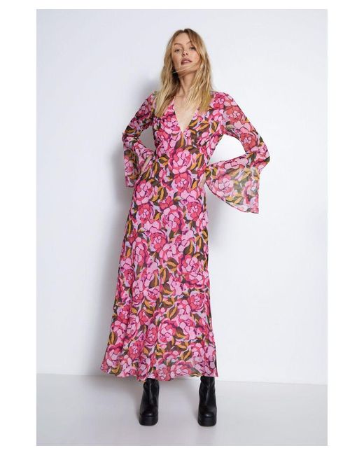Warehouse White Floral Printed V Neck Fluted Sleeve Maxi Dress