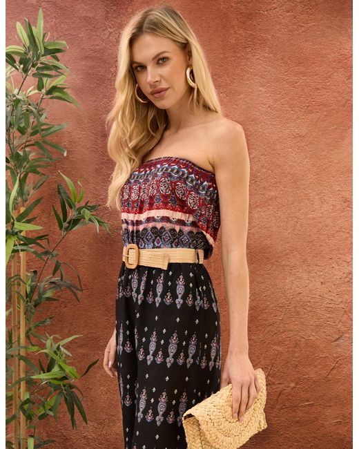 Blue Vanilla Brown Aztec Belted Bandeau Jumpsuit