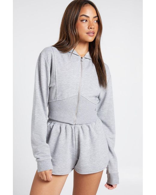 Boohoo White Loopback Seam Detail Zip Through Hooded Short Tracksuit