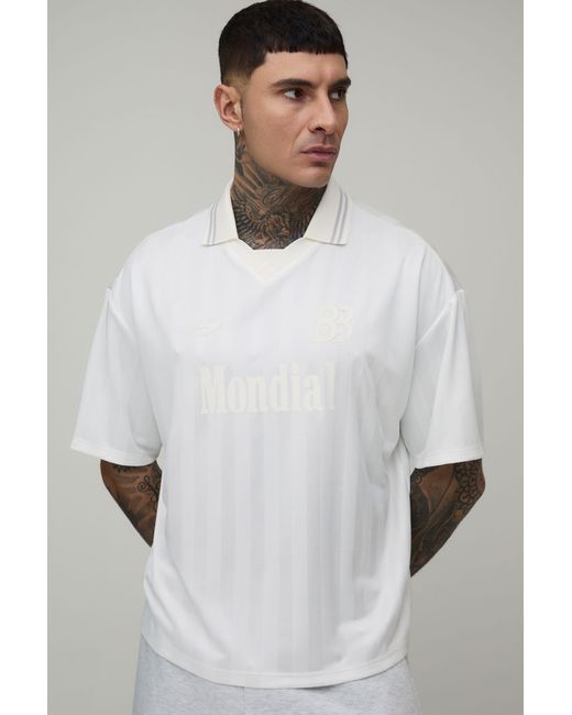 BoohooMAN White Tall Oversized Boxy Varsity Stripe Mesh V Neck Sport T-Shirt for men
