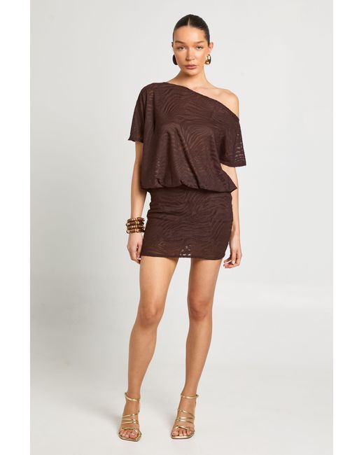 Boohoo Brown Burnout Zebra Asym Neck Blouson Top Dress