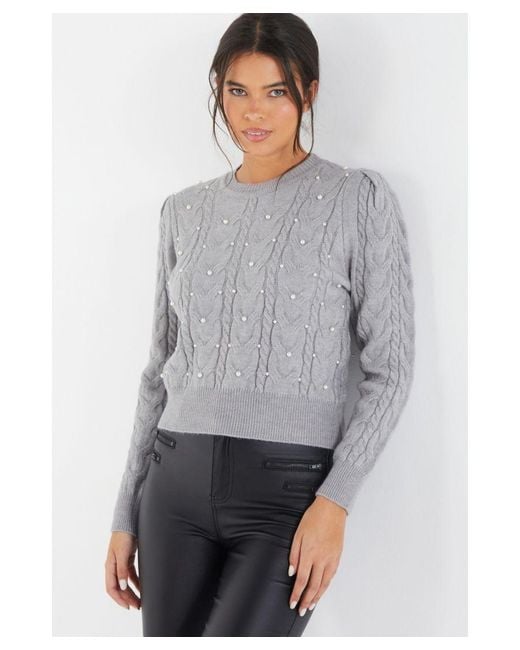 Quiz Gray Cable Knit Pearl Jumper