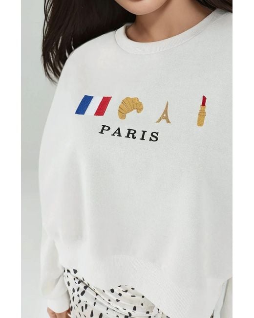 Hiccup White Embroidered Crew Neck Cottoned Raised Sweatshirt