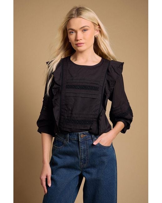 Oasis Blue Trim Detail Frill Shoulder Crew Neck Blouse