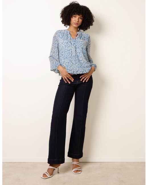 Blue Vanilla Blue Grandad Tie Neck Puff Hem Watercolour Blouse