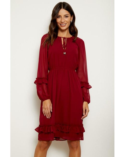 Sosandar Red Burgundy Ruffle Trim Fit & Flare Dress