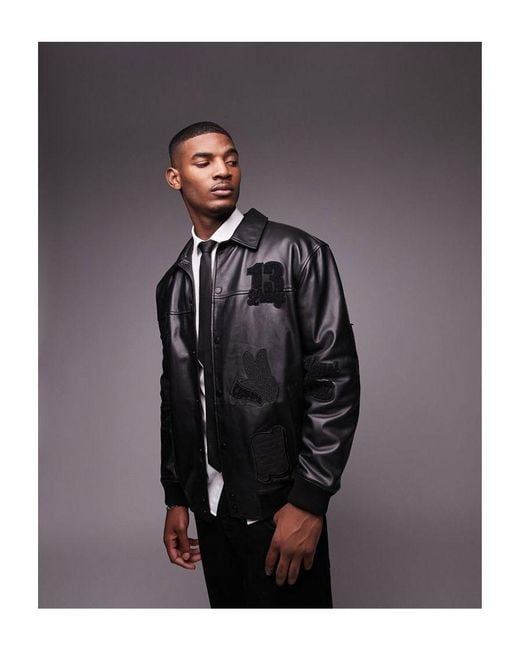 Topman Black Real Leather Varsity Jacket With Patches for men