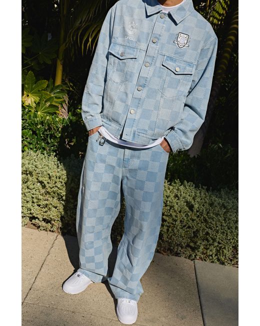 BoohooMAN Blue Barrel Fit Checkerboard Jacquard Denim Jeans for men