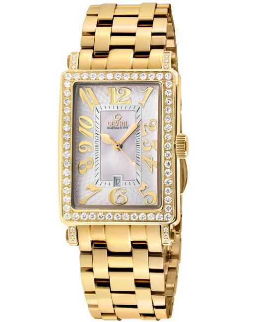 Gevril Metallic Ave Of Americas Mini Swiss Quartz Ipyg Stainless Steel Diamond Case, Mop Dial Watch