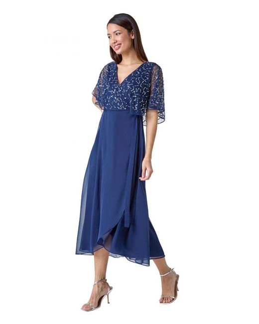 Roman Blue Sequin Embellished Chiffon Wrap Maxi Dress