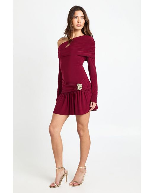 Boohoo Red Trim Detail Asymmetric Long Sleeve Mini Dress