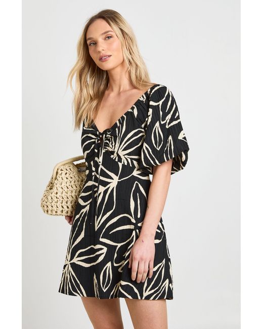 Boohoo Black Petite Floral Textured Volume Sleeve Mini Dress
