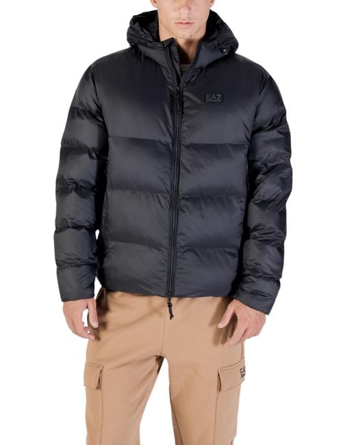 EA7 Gray Padded Jacket Hooded Zip Closure for men