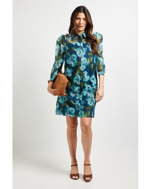 Wallis Blue Floral Organza Button Shift Dress