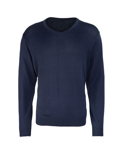 PREMIER Blue Knitted Cotton Acrylic V Neck Sweatshirt for men