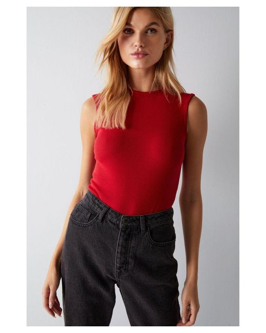 Warehouse Red Ribbed Tank Bodysuit