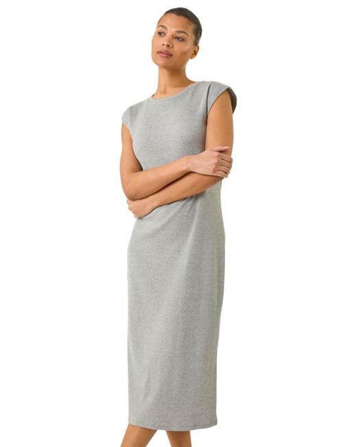 Roman White Ribbed Cap Sleeve Midi Dress