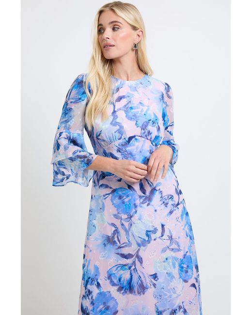 Wallis Blue Petite Floral Burn Out Ruffle Sleeve Midi Dress