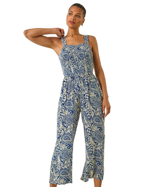 Roman Blue Paisley Print Cropped Jumpsuit