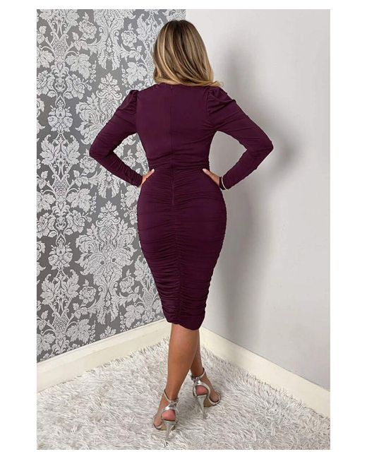 AX Paris Blue Plum Ruched Long Sleeve Cross Front Midi Dress