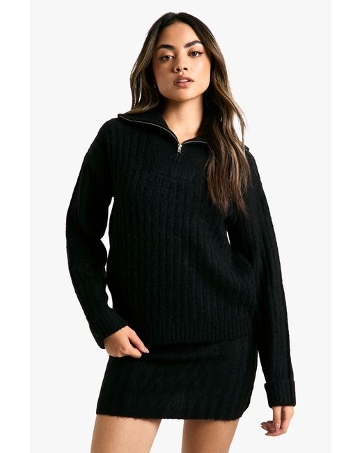 Boohoo Black Soft Knit Thick Rib Zip Neck Oversized Jumper And Mini Skirt Set