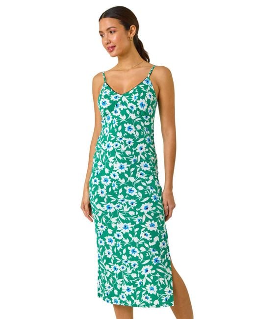Roman Green Floral Strappy Stretch Midi Dress