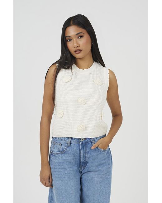 Brave Soul Blue Knitted Crew Neck Tank With Crochet Shells