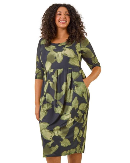 Roman Green Curve Floral Print Pocket Stretch Dress