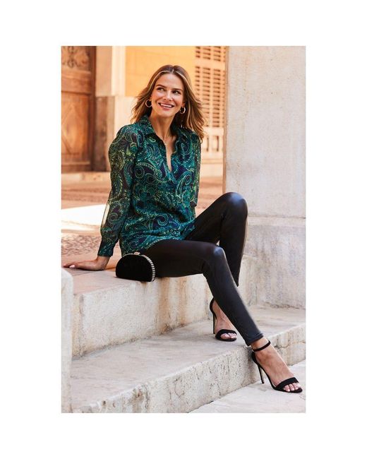 Sosandar Green Paisley Print Sheer Sleeve Shirt