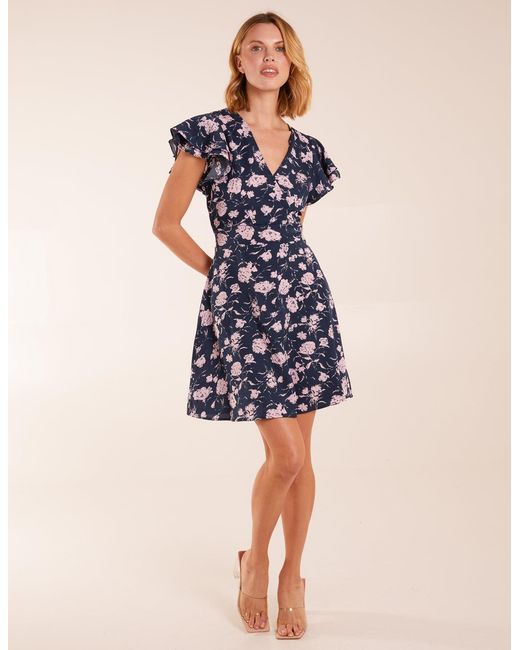 Blue Vanilla Blue Floral Frill Sleeve Mini Dress