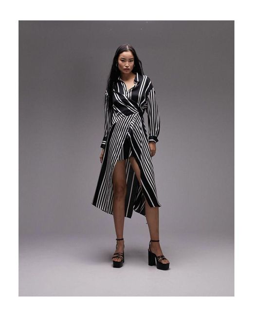 TOPSHOP Gray Placement Stripe Midi Shirt Dress