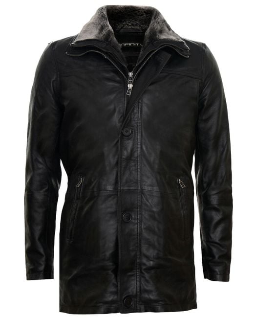 Infinity Leather Black Removable Collar Mid Length Warm Jacket for men