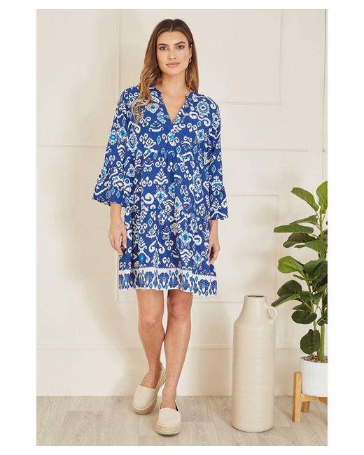 Yumi' Blue Ikat Print 3/4 Sleeve Tunic Dress Cotton