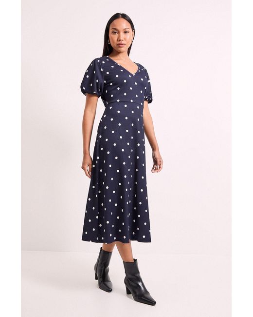 Wallis Blue Polka Dot Print Jersey V Neck Midi Tea Dress