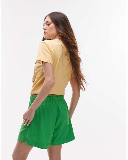 TOPSHOP Green High Rise Drawcord Linen Shorts