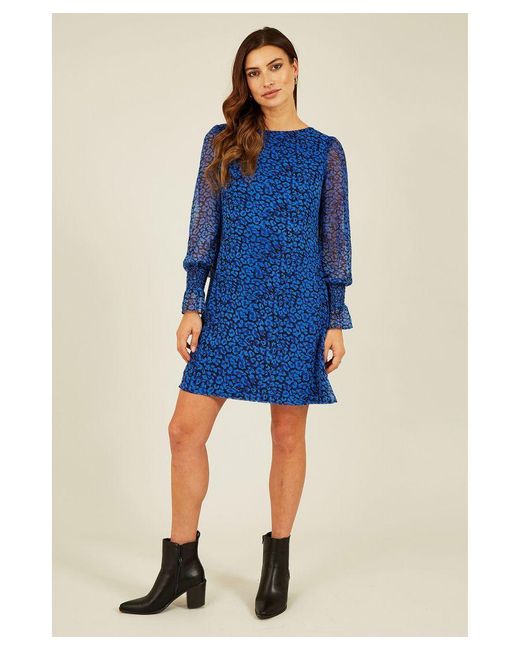 Yumi' Blue Recyled Animal Print Long Sleeve Tunic Dress