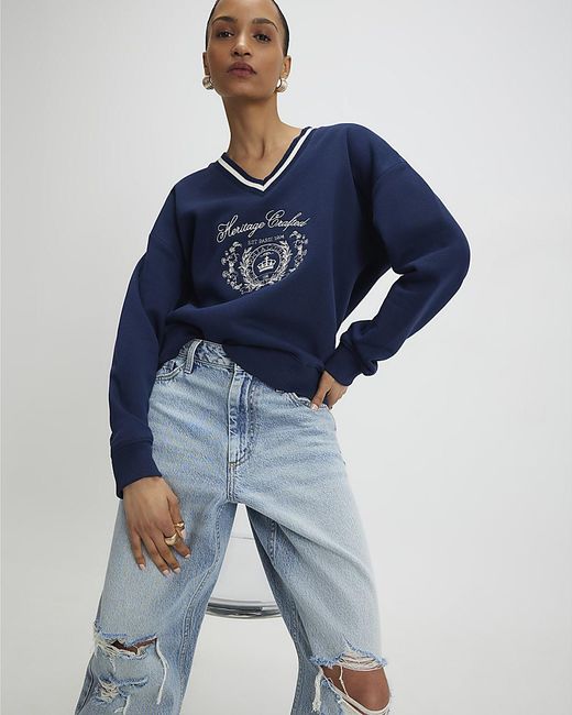 River Island Blue Sweatshirt Long Sleeve Heritage Crest Cotton