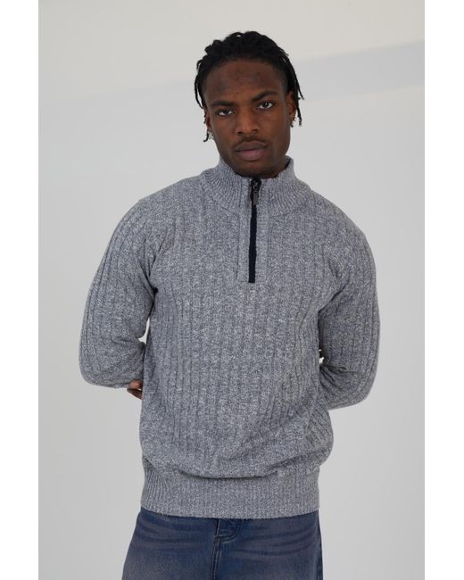 Brave Soul Gray Quarter Zip Funnel Neck Rib Knit Jumper for men