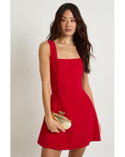 Boohoo Red Tall Square Neck Full Skirt Mini Dress