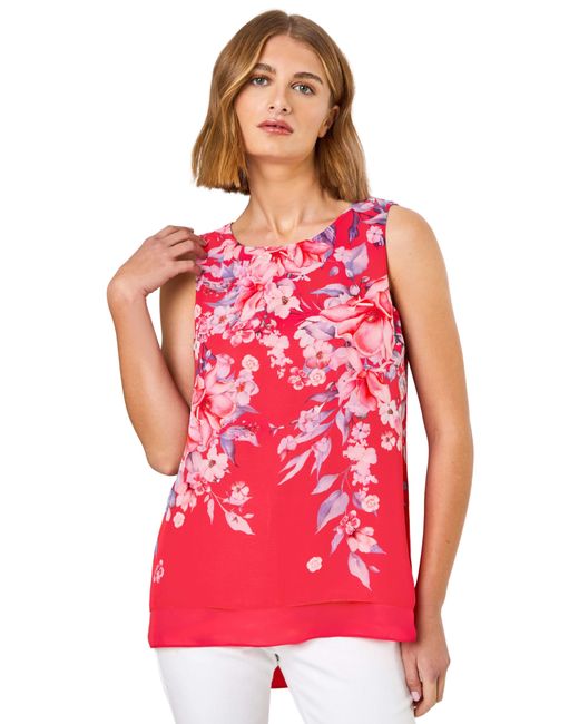 Roman Pink Floral Print Chiffon Overlay Top