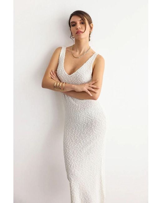 Hiccup White Knitted V-Neck Midi Dress With Textured Pattern