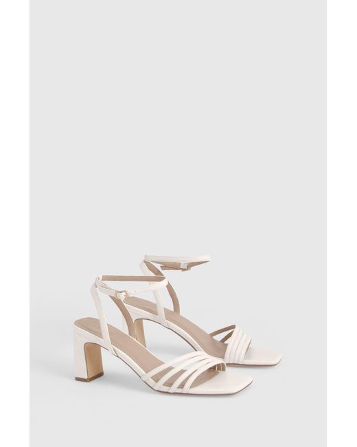 Boohoo White Low Block Asymmetric Strappy Heels