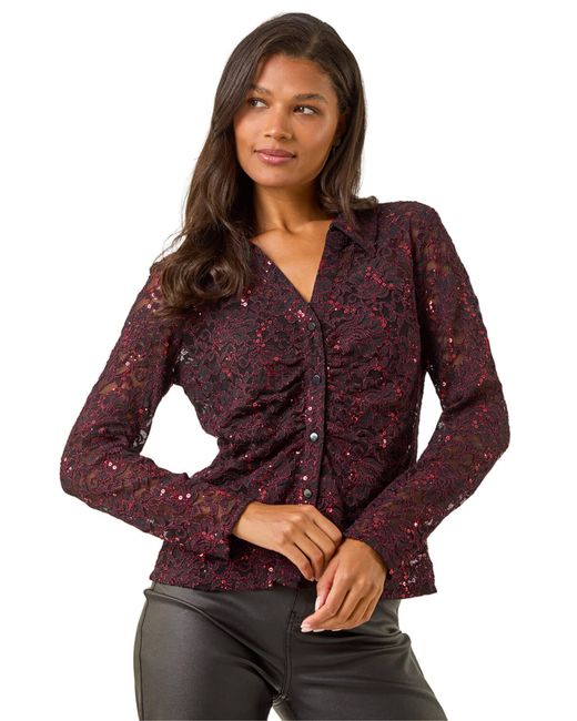 Roman Purple Sequin Lace Collared Blouse