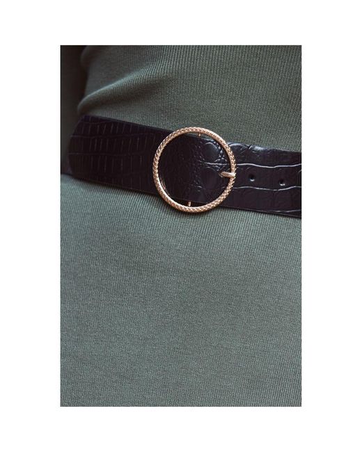 Sosandar Gray Croc Leather Belt With Round Buckle