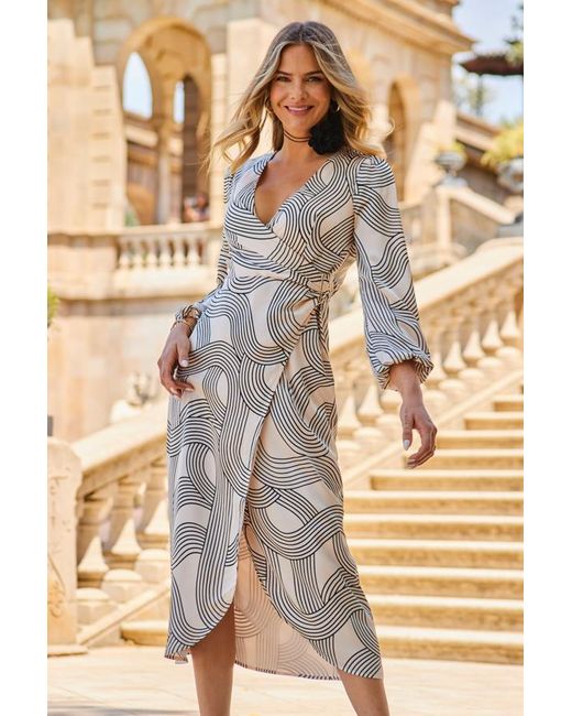 Sosandar Metallic Geometric Print Satin Wrap Dress