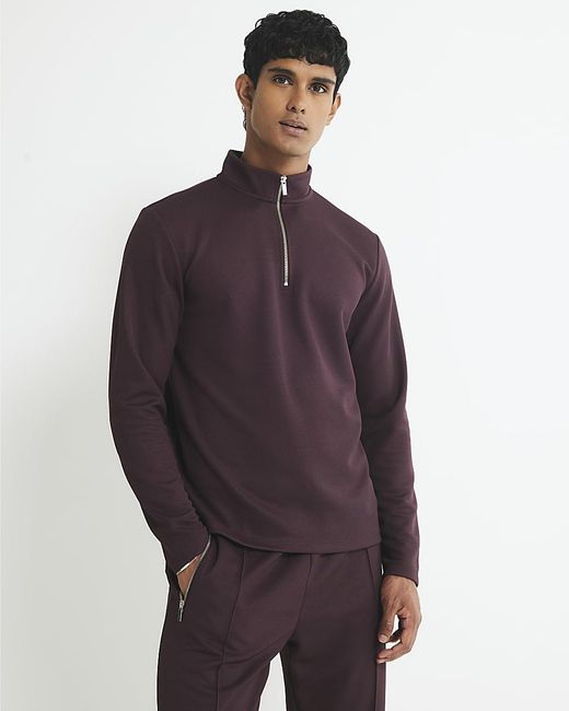 River Island Purple Sweatshirt Slim Fit Quarter Zip Funnel for men