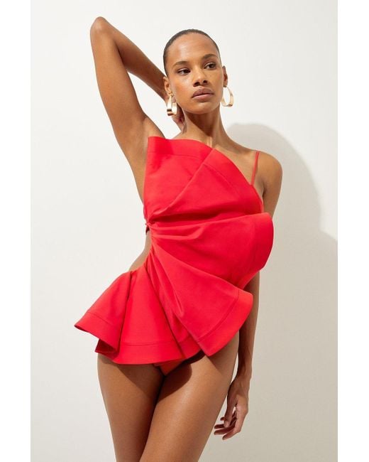 Karen Millen Red Drama Ruffle Strappy High Leg Swimsuit