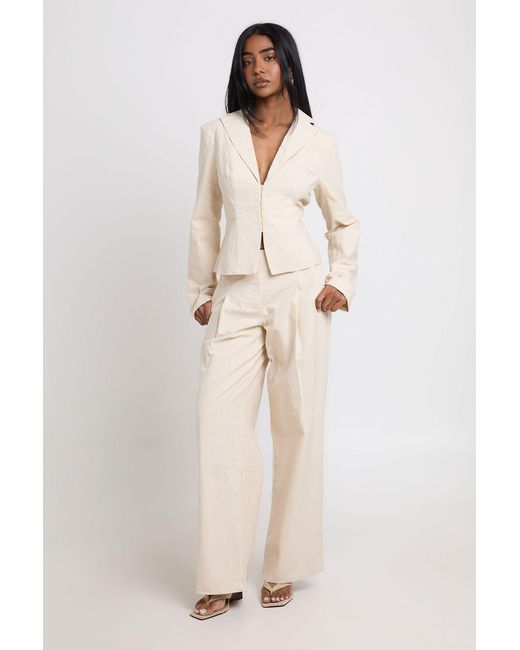 Boohoo Natural Linen Look Wide Leg Tailored Trousers