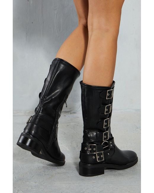 MissPap Black Leather Look Buckle Down Boots